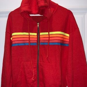 Aviator Nation Red Hoodie with Rainbow Stripes